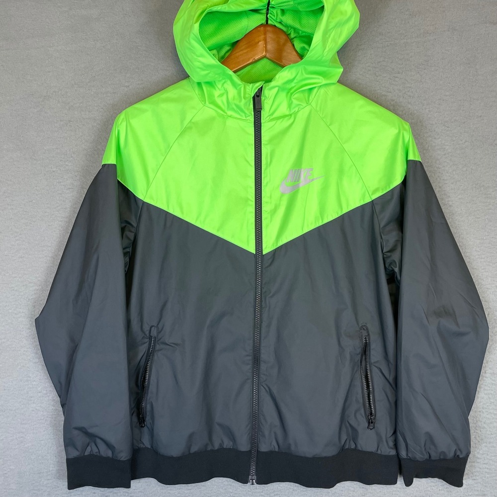 Nike Windbreaker Jacket Kids Large L+ Neon Green Gray Colorblock Windrunner